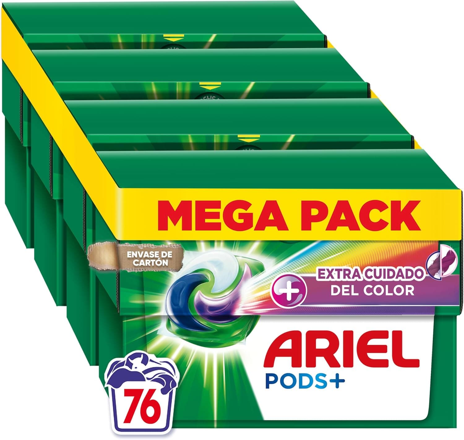 ARIEL PODS Tudo em 1 detergente máquina de lavar líquido em cápsulas/comprimidos, 76 lavagens (4 x 19), sabão limpeza profunda, mais cor, cuidado extra da cor e do brilho