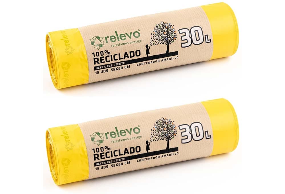 Relevo 100 % sacos de lixo reciclados, extra resistentes 30 l, 15 sacos com auto-fecho, 2 embalagens