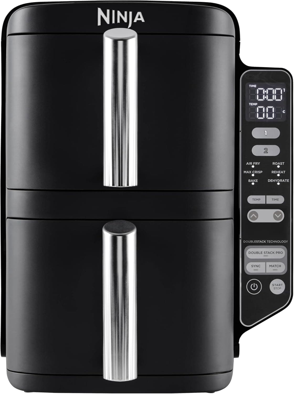 Ninja Double Stack fritadeira de ar, 7,6 l, gaveta vertical dupla, 4 níveis de cozedura, 2 gavetas e 2 grelhas, design para economizar mais espaço, 6 funções de cozedura, 6 porções, preto, SL300EU