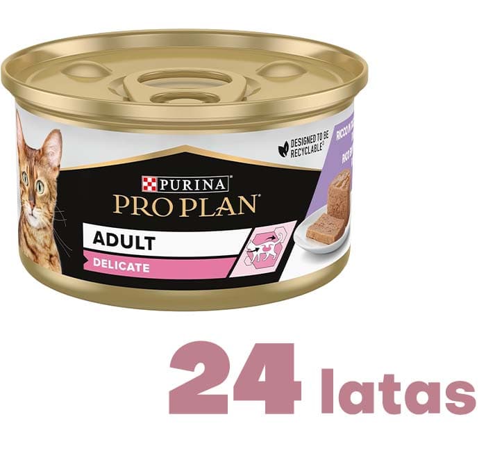 Purina Pro plano comida húmida para gato adulto Delicate mousse rico em Peru, 24 latas de 85 g