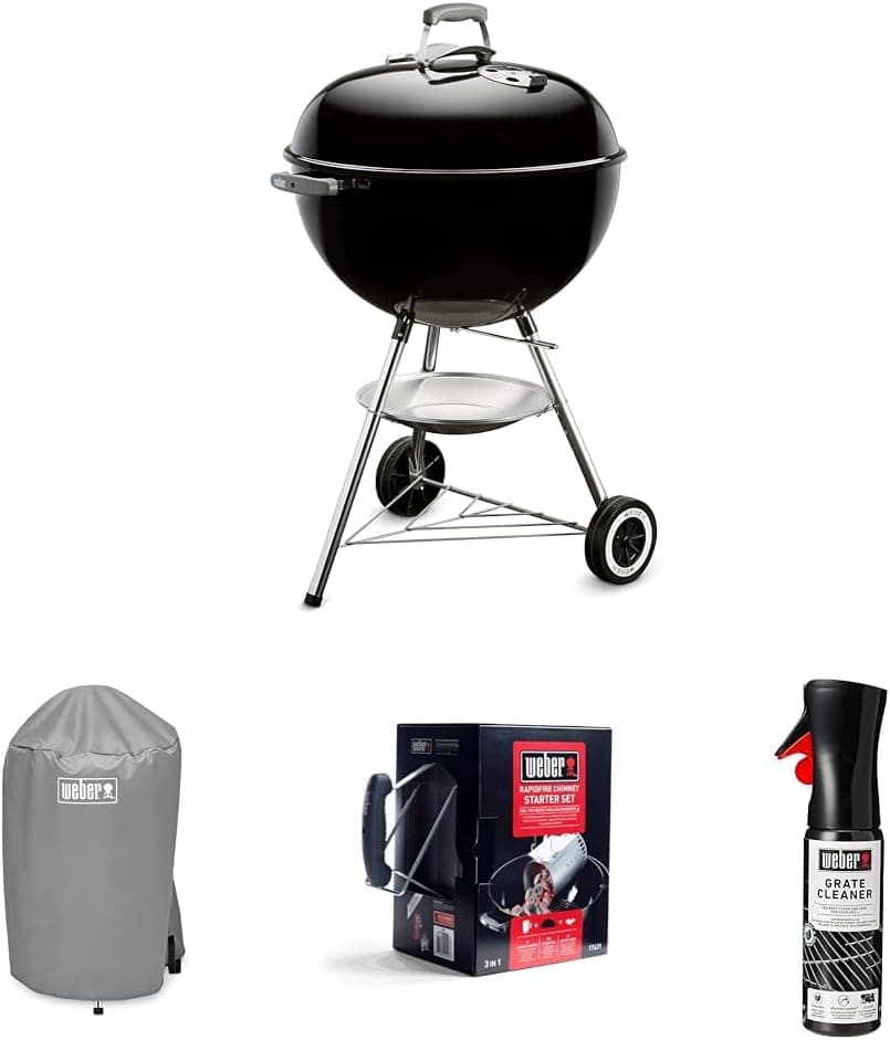 Weber Classic Kettle grelha de carbono, Ø 57 cm, preto, 1341504 capa para churrasco de carbono, 7175 conjunto lareira com briquetes brancos e produto de limpeza para grelha e forno, 175 875