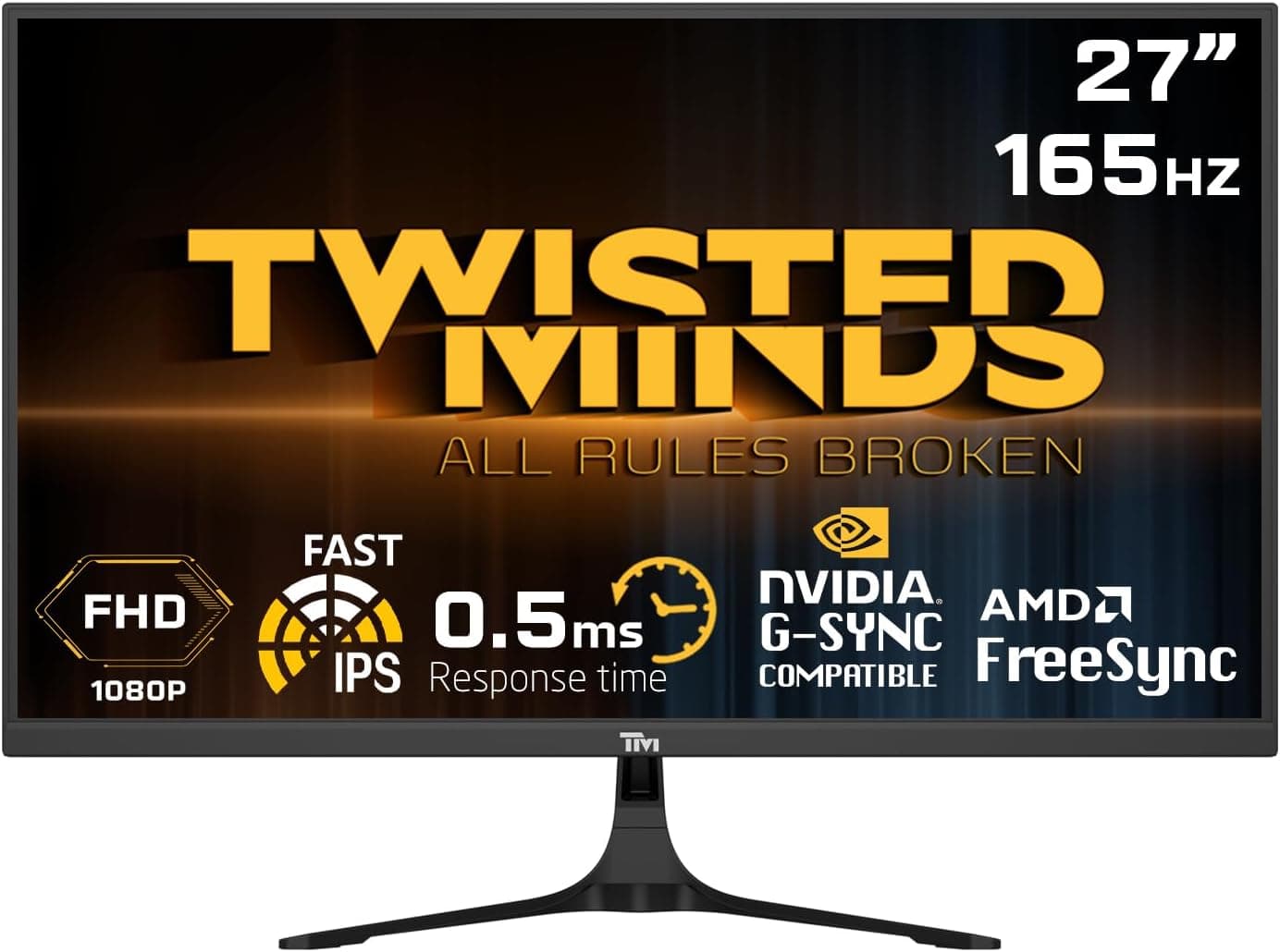 Twisted Minds Monitor de jogos, ecrã de 27 polegadas Fast IPS, resolução de 1920 x 1080 FHD, atualização de frequência de 165 Hz, proporção de 16:9, tempo de resposta 0,5 ms - preto (TM27FHD165IPS)