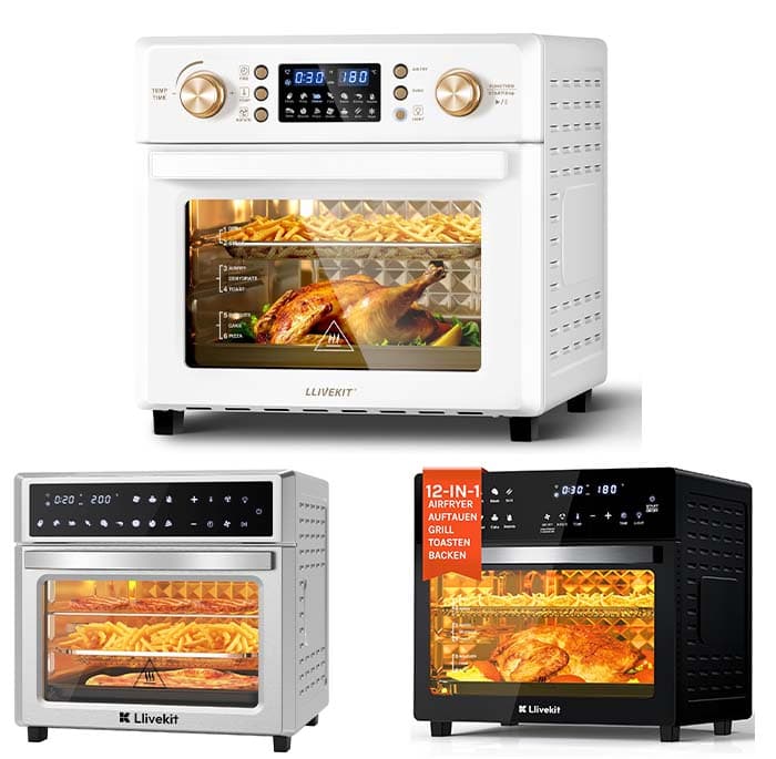 LLIVEKIT 26 L Fritadeira de ar sem óleo de 1700 W, mini forno de ar quente com 14 programas para seleção de temperatura ajustável e temporizador, Air Fryer com 8 acessórios e 1 receita, branco creme