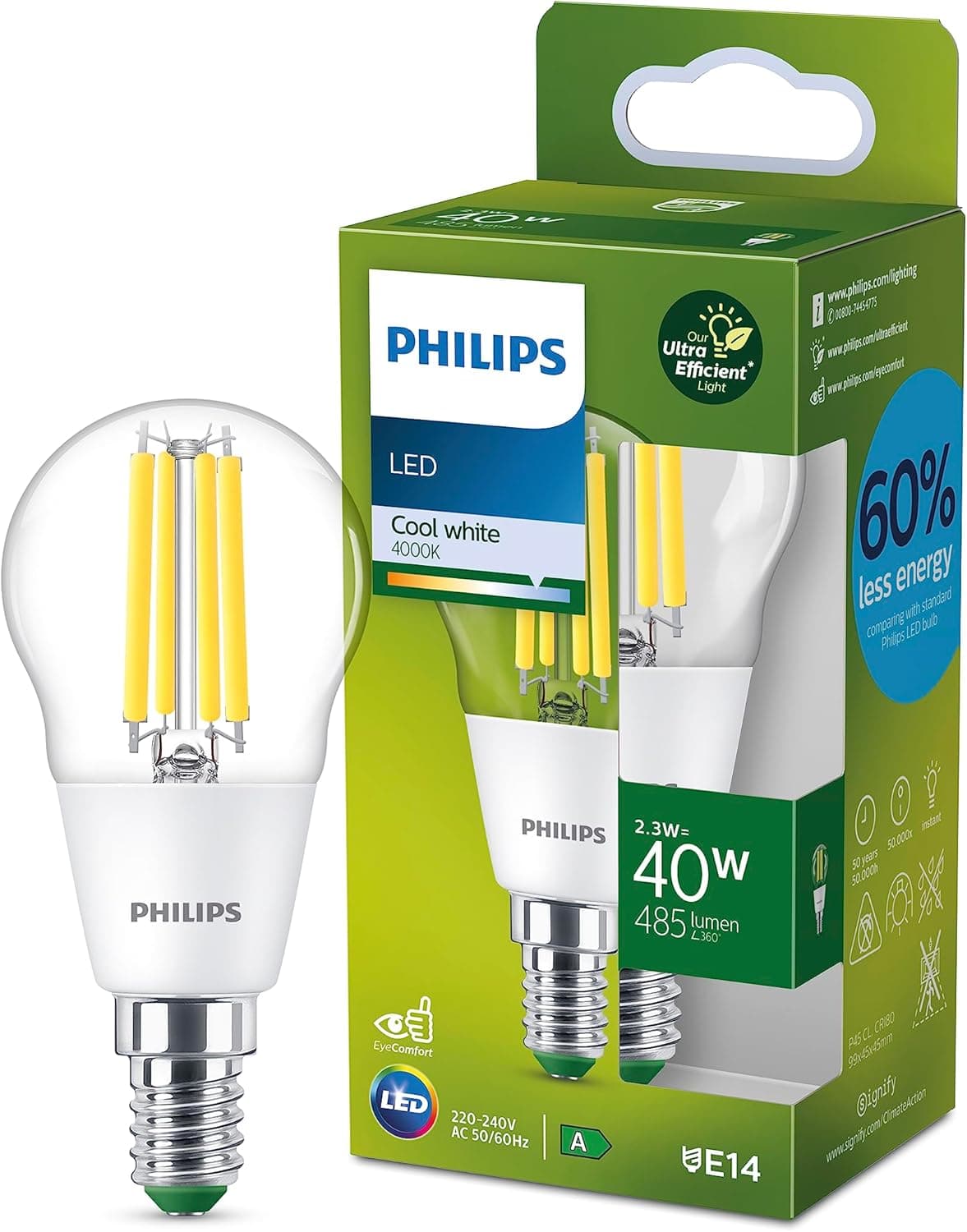 Philips Lâmpada LED tipo vela esférica eficiente, casquilho E14 2,3 W, 485 lúens, luz branca fria, 4000 k