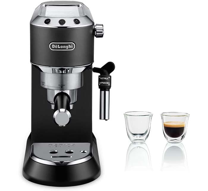 De'Longhi Dedica - Cafeteira de bomba de aço inoxidável para café moído ou monoodose, cafeteira para expresso e cappuccino, EC685.BK, preto conjunto de 2 copos premium para expresso