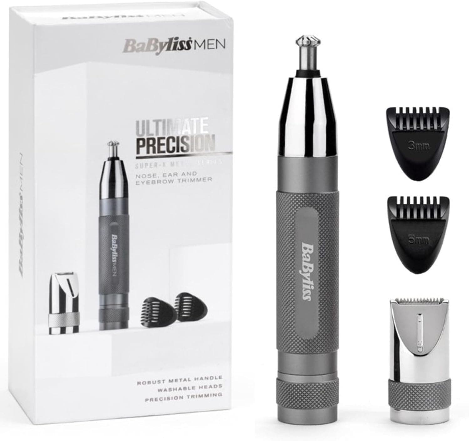 BaByliss Super-X Metal Precision E116E | Aparador facial 3 em 1 para cabelo, nariz e sobrancelhas com 2 acessórios