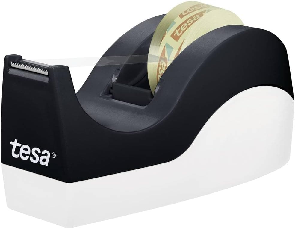 tesa EasyCut® ORCA Dispensador de fita adesiva, dispensador com base antiderrapante para mesas e secretárias, inclui 8 rolos de fita tesafilm® transparente 33 m x 19 mm, preto e branco