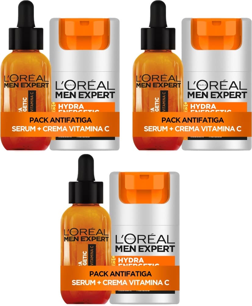 L'Oréal Men Expert Hydra Energetic | Conjunto de cuidados faciais para homem com sérum vitamina C 30 ml e creme hidratante anti-fadiga 50 ml x 3