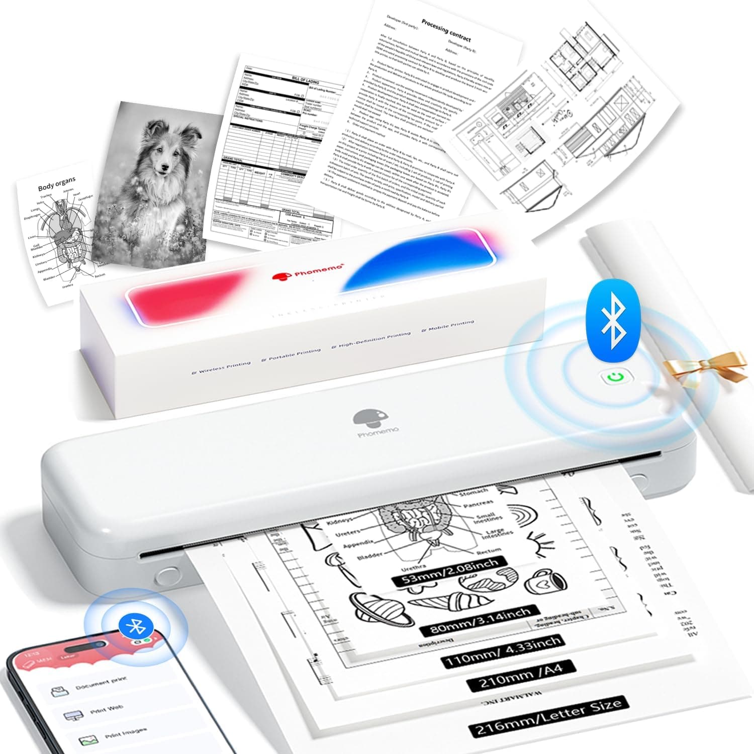 Phomemo M834 Impressora térmica A4, impressora portátil sem tinta, conexão de smartphone por Bluetooth, suporta papel térmico A4 (210 x 297 mm), 80 mm, impressora portátil móvel, 300DPI