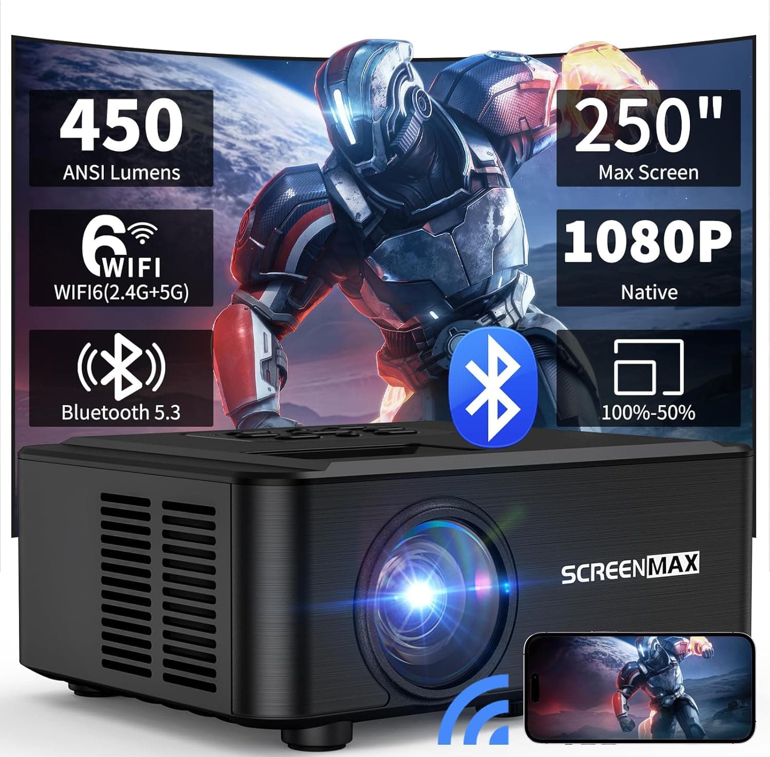 SCREENMAX | Projetor portátil Full HD com Wi-Fi 6, Bluetooth 5.3 e zoom 50%, 10000 lúmens, compatível com TV Stick HDMI e smartphone