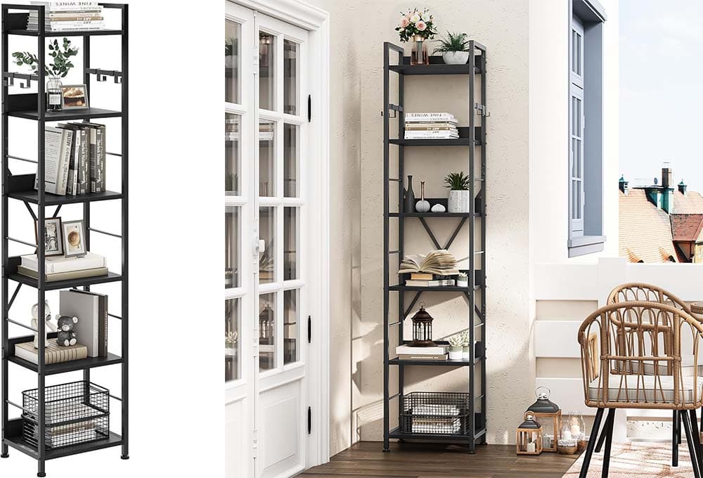 YITAHOME Livraria de 6 níveis, prateleiras de chão com 4 ganchos, prateleira de madeira e armação de metal, prateleiras industriais elevadas, armazenamento para sala de estar, escritório em casa