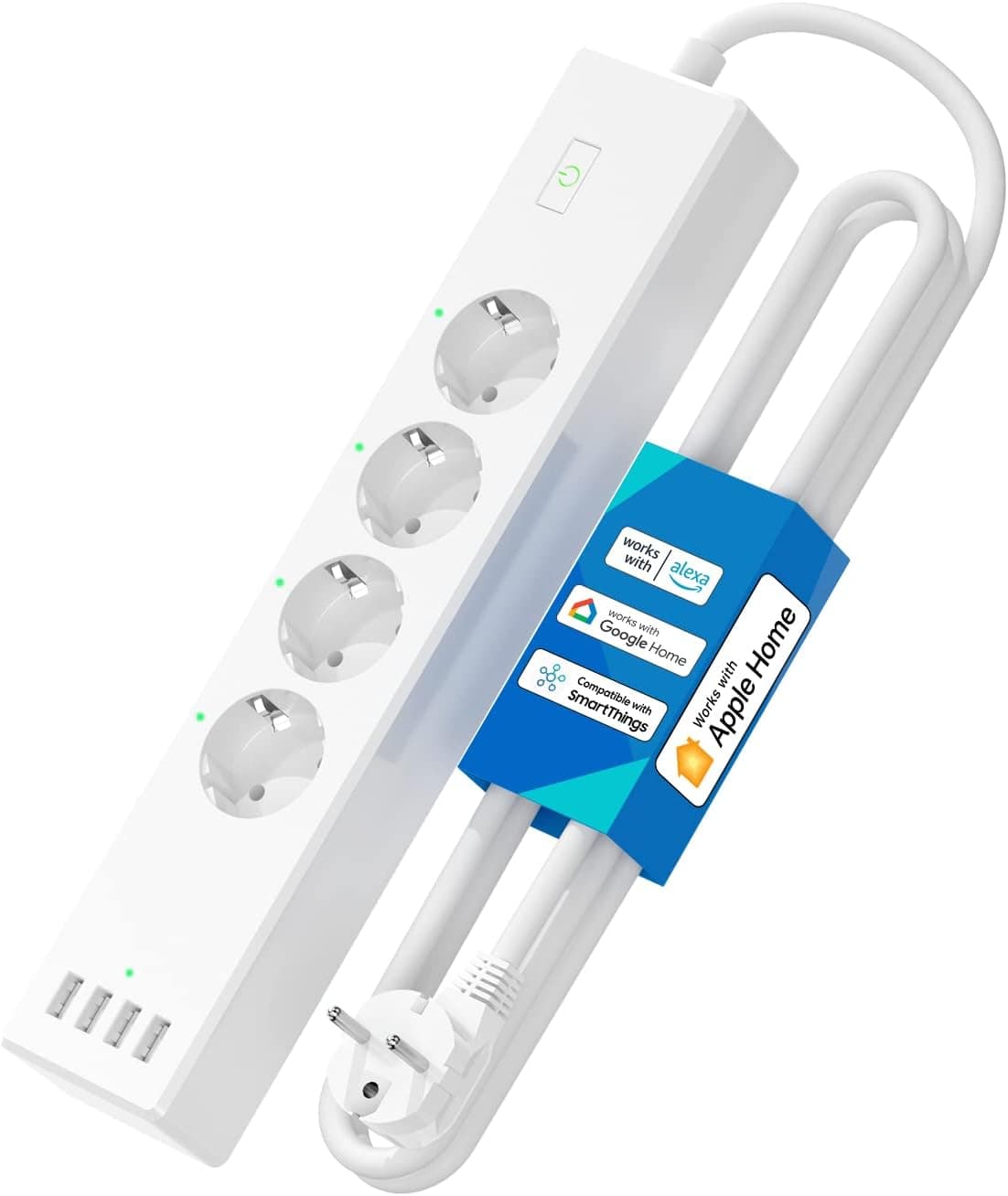 Meross Regleta Inteligente, Regleta WiFi 16A con 4 Tomas y 4 USB, Compatible con Apple HomeKit, Alexa, y Google Home, Control de Voz y Control por App, Temporizador