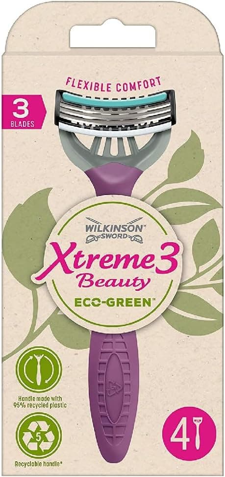 Wilkinson Sword Xtreme 3 Beauty Eco-Green, 4 máquinas depilatórias femininas ecológicas de 3 folhas, cabeça flexível com bandas de aloé vera, feitas de materiais recicláveis e reciclados