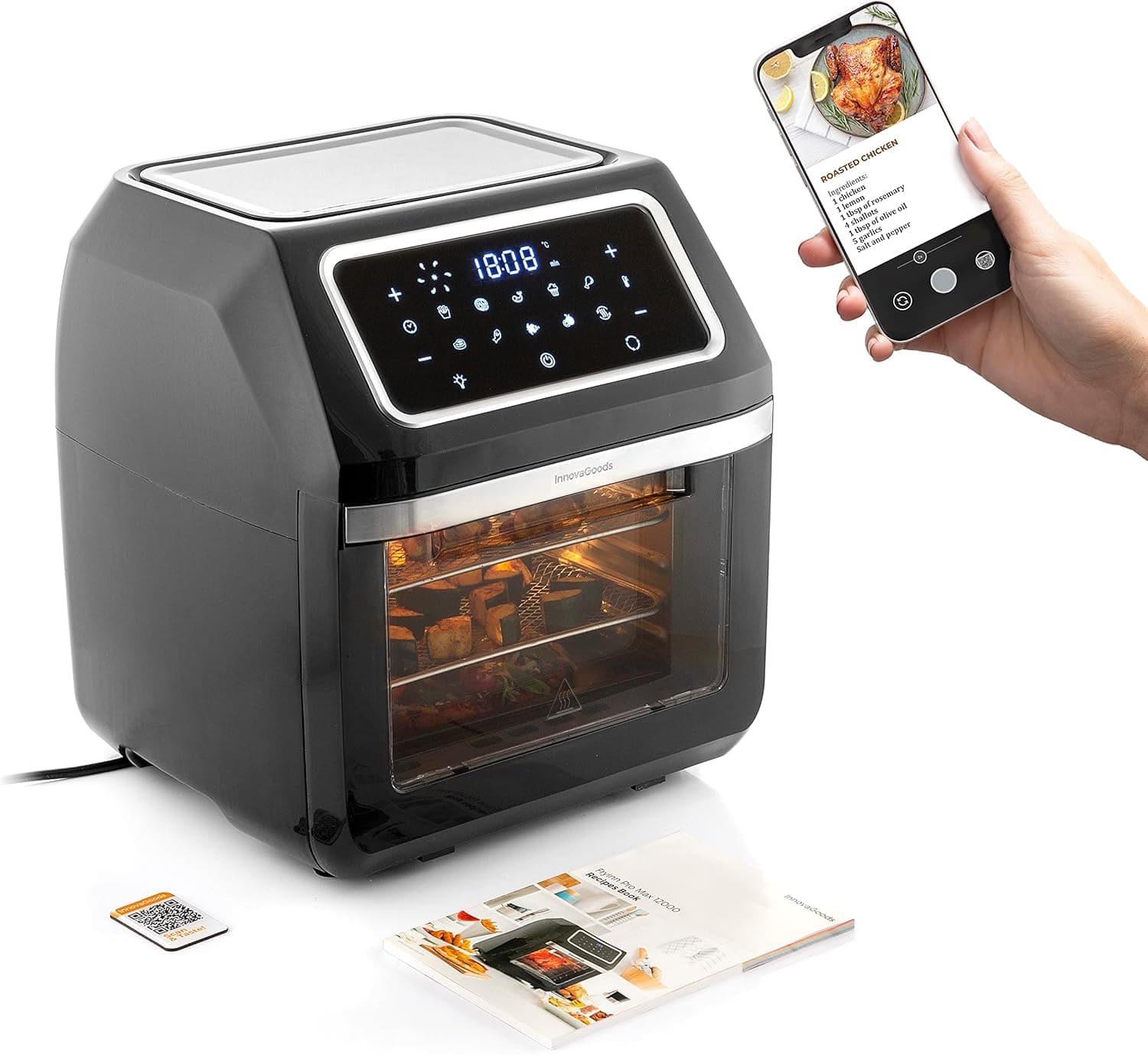 InnovaGoods® Frigideira de ar sem óleo de 12 l, 1800 W com 8 acessórios, 10 programas, ecrã tátil, temporizador, forno ar quente com janela e luz interior 100 receitas em ES.