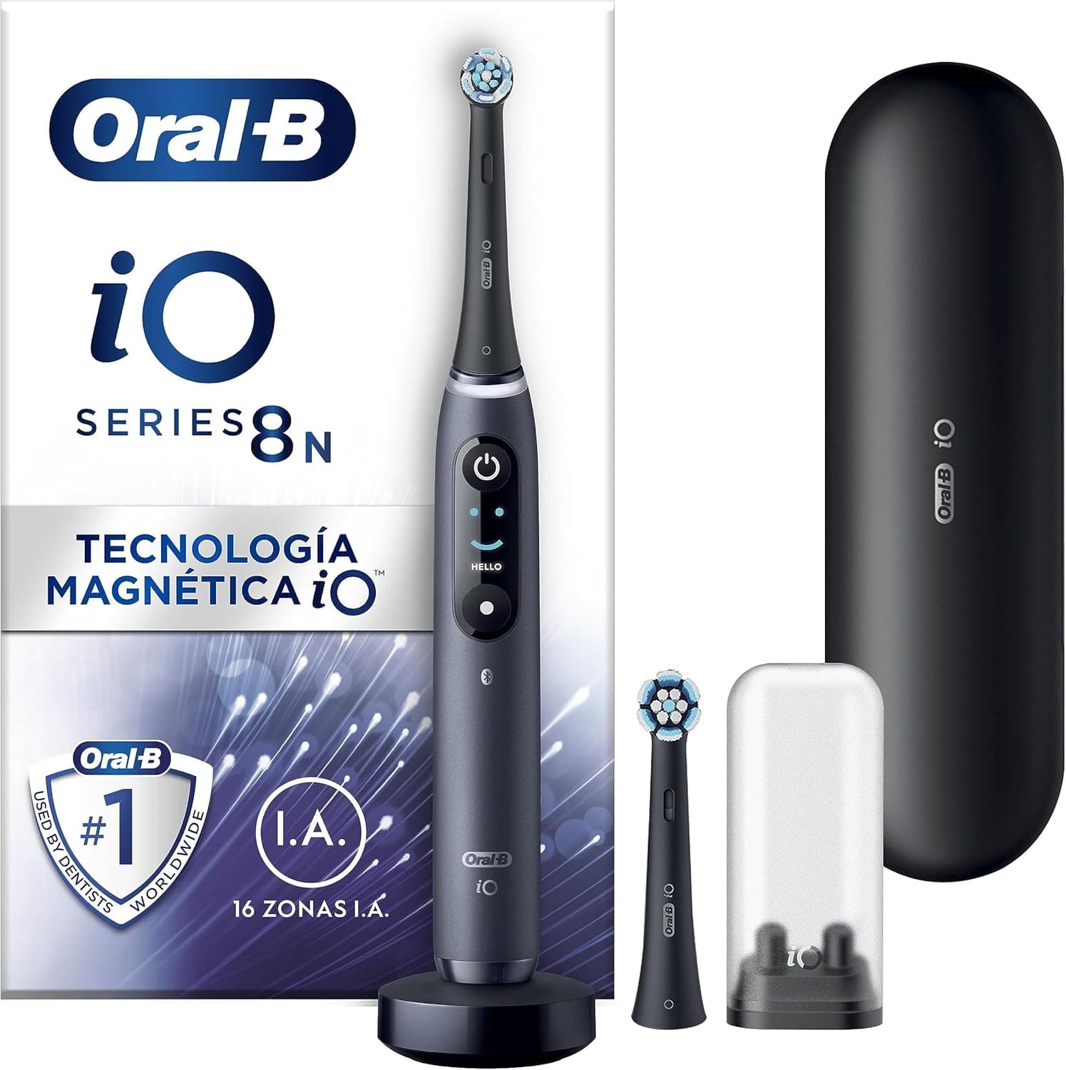 Oral-B iO 8N Escova de dentes elétrica com 2 cabeças e 1 estojo de viagem, desenhado por Braun, presentes originais - preto