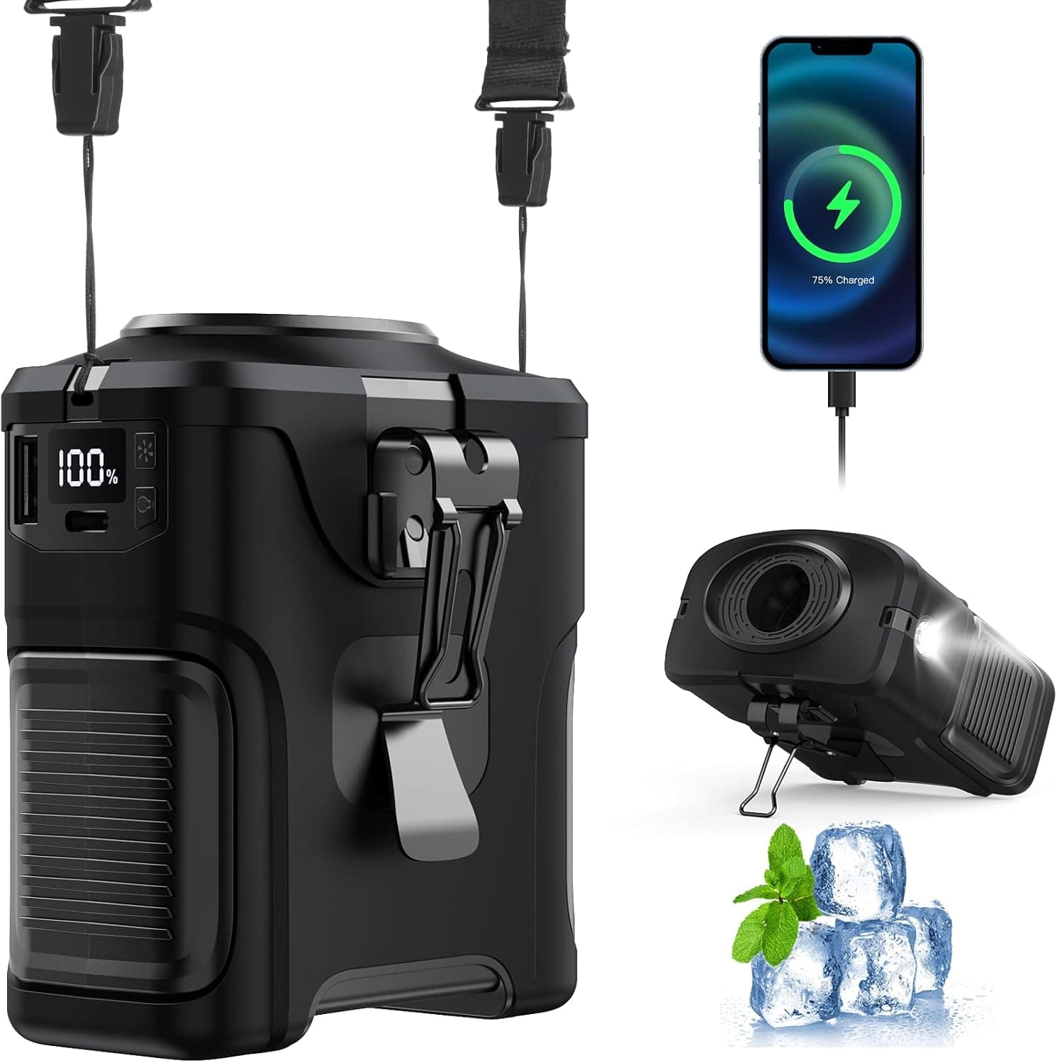 XTTANK Ventoinha de campismo recarregável 10000 mAh, 5 velocidades, lanterna, capa de silicone, aço de manganês clipe, portátil ventilador de cintura para campismo/caminhadas / escritório