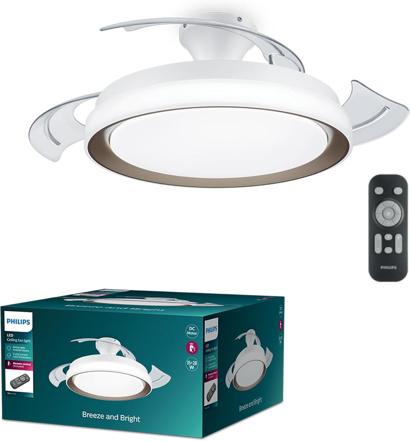Philips Ventoinha de teto Bliss com luz LED de 28 W, motor DC (35 W), cor branca e dourada, 3 temperaturas de luz, controlo incluído, modo inverno / verão (versão 2024)