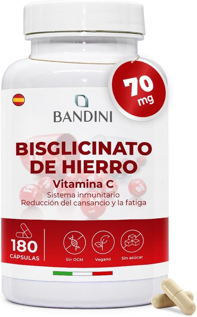 Bandini® Suplemento de ferro 70 mg vitamina C 160 mg - 180 cápsulas veganas (bisglicinato de ferro) contribui para a formação de glóbulos vermelhos e hemoglobina - com alta absorção e ao sistema