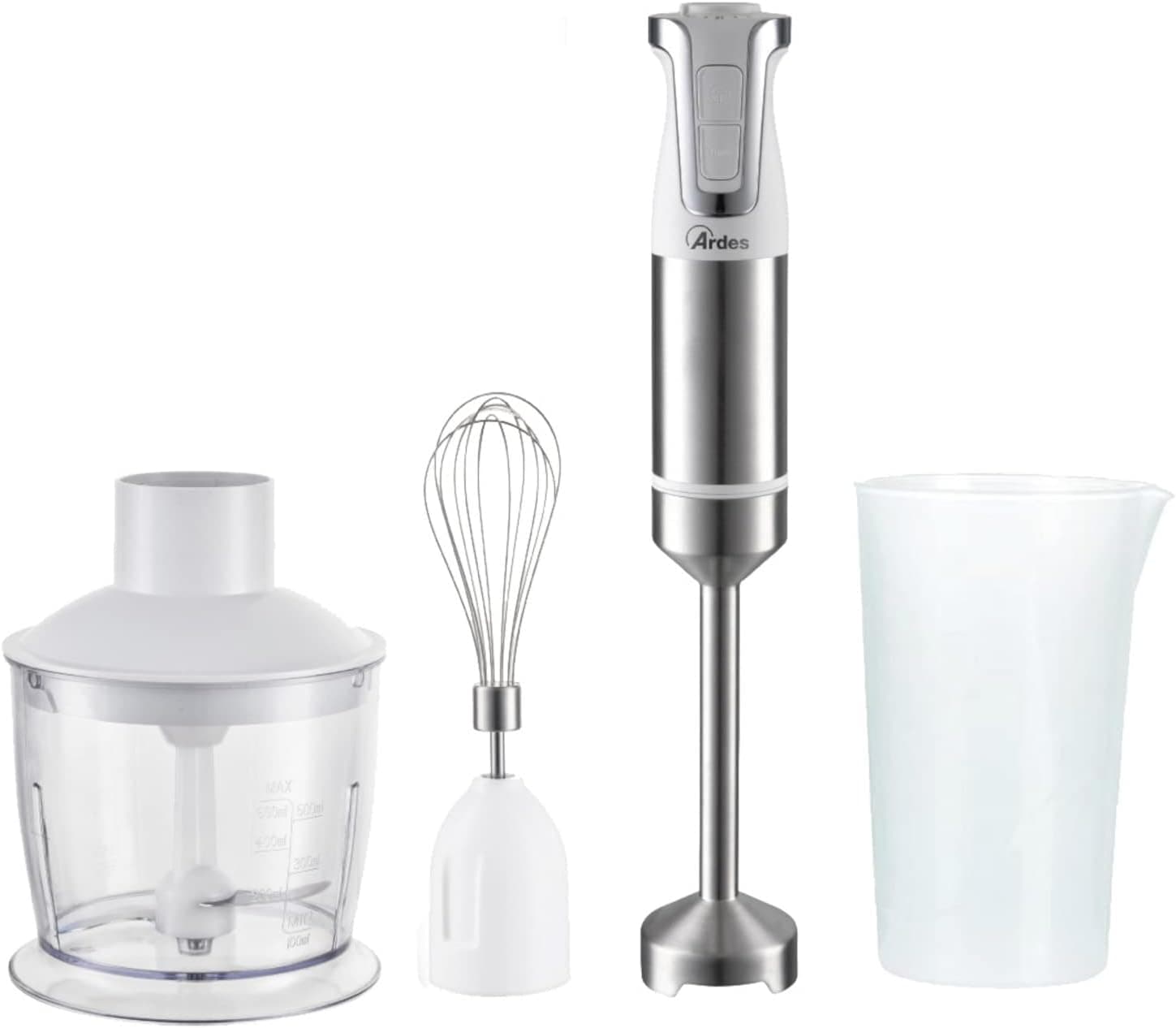 ARDES ARSET01 TRINITY Liquidificadora de imersão 3 em 1, minipimer de imersão picadora e liquidificador com motor profissional misto com braço de 21 m, 4 lâminas de aço INOX liquidificadora de 2