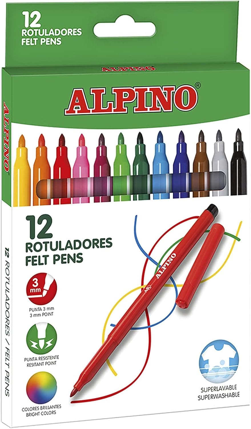 Alpino | Conjunto de 12 marcadores laváveis com tinta duradoura e ponta resistente de 3 mm