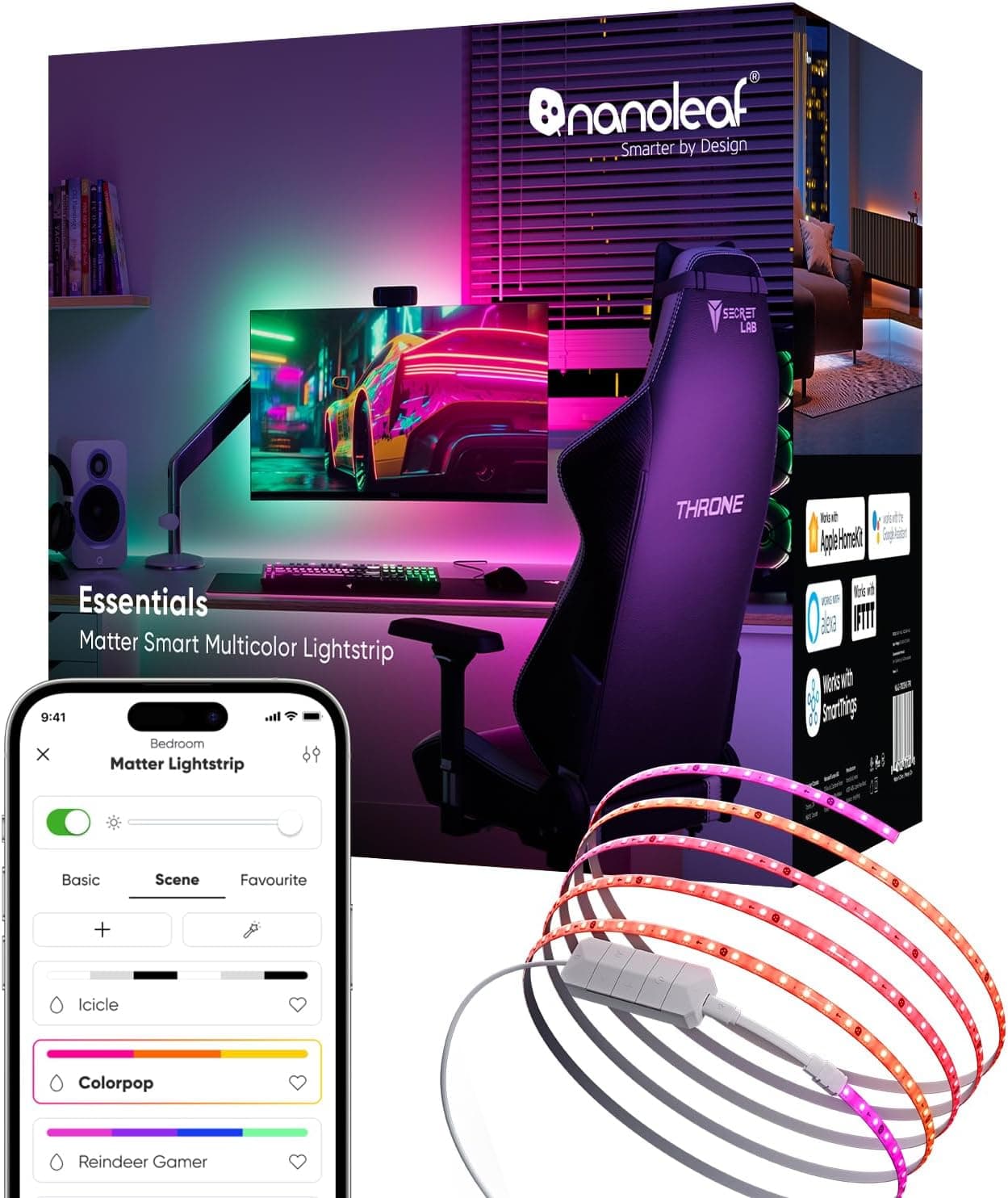 Nanoleaf Luzes LED radientes 5 M Matter Wi-Fi, Smart sincronizam música e ecrã, LED RGBIC 300 direcionáveis, faixa recortável, controlo por APP e voz (Alexa Apple Google Home) sala de festa Gaming