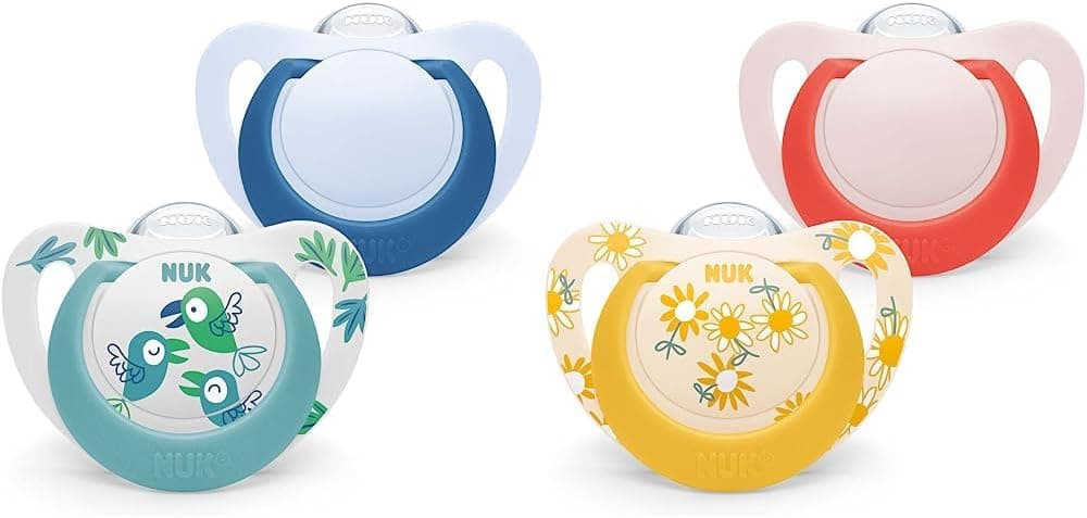NUK Star Baby Dummy 18-36 meses | Chupetes de silicone sem BPA, pássaros azuis, 2 unidades e Chupete Star Baby, 18-36 meses, chupetes de silicone sem BPA, flores amarelas, 2 unidades