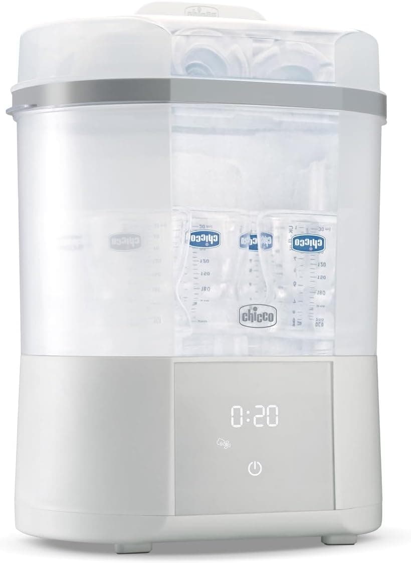 Chicco Esterilizador elétrico All in One, esterilizador de bibões, saqueadores e chupeta, 3 configurações, função de secagem, adequado para micro-ondas, esterilizador a vapor até 6 biberões de 330 ml