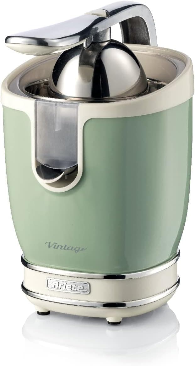 Ariete 413-04 - Espremedor elétrico vintage 85 W, silencioso, 2 cones tamanho diferente, recolhível, bocal de aço inoxidável, função anti-gotejamento, corpo metal verde