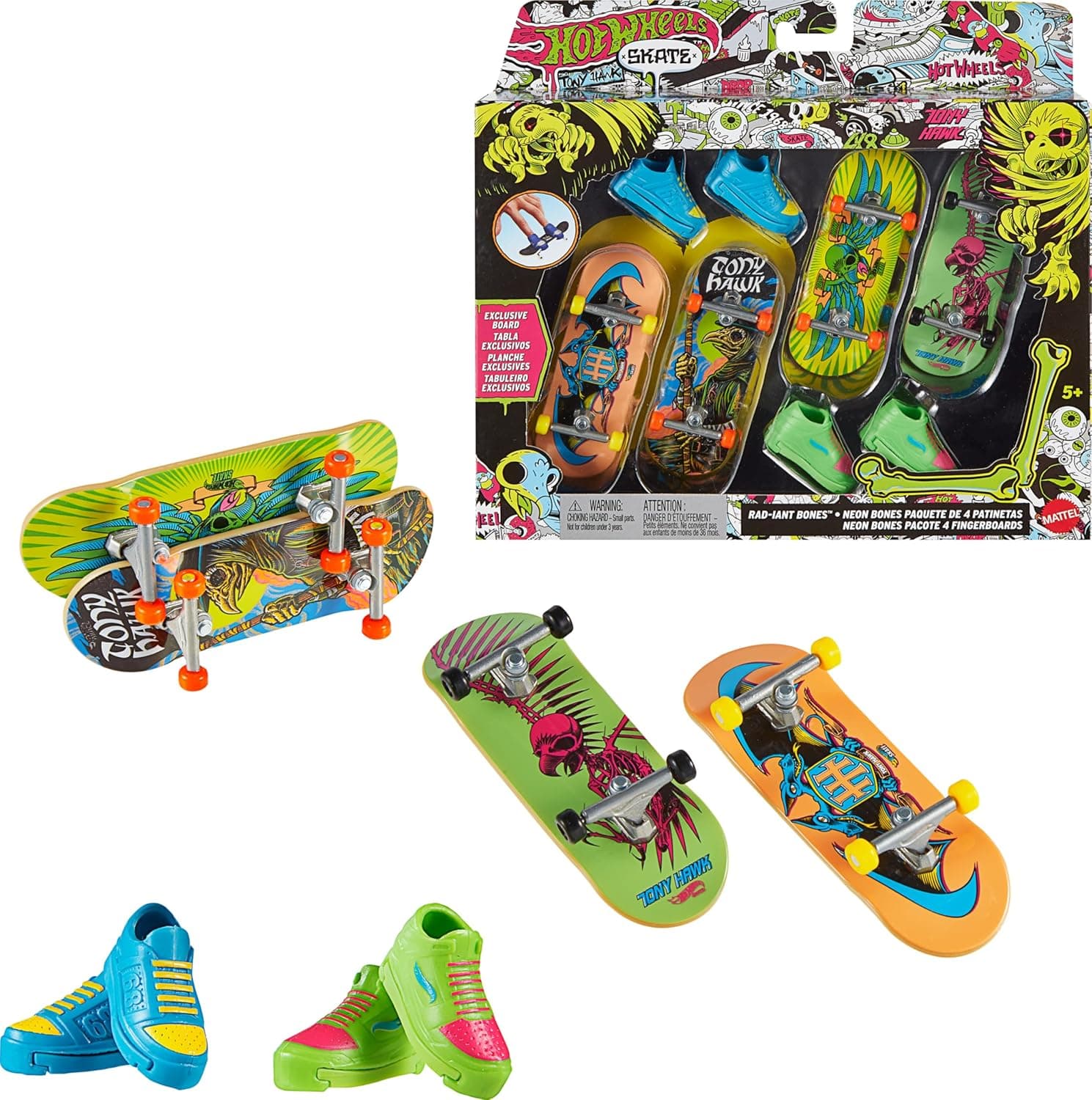 Hot Wheels Skate Caveiras néon, conjunto temático de quatro mesas "fingerboard" desenhado em colaboração com Tony Hawk, com um par de sapatilhas intercambiáveis para andar de skate, HXK84