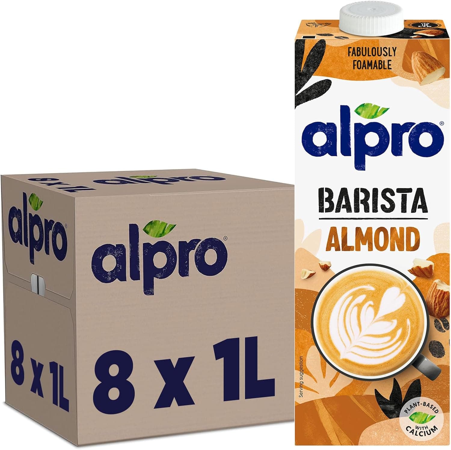Alpro Bebida vegetal de amêndoa barista - ideal para café, conjunto de 8 x 1 l