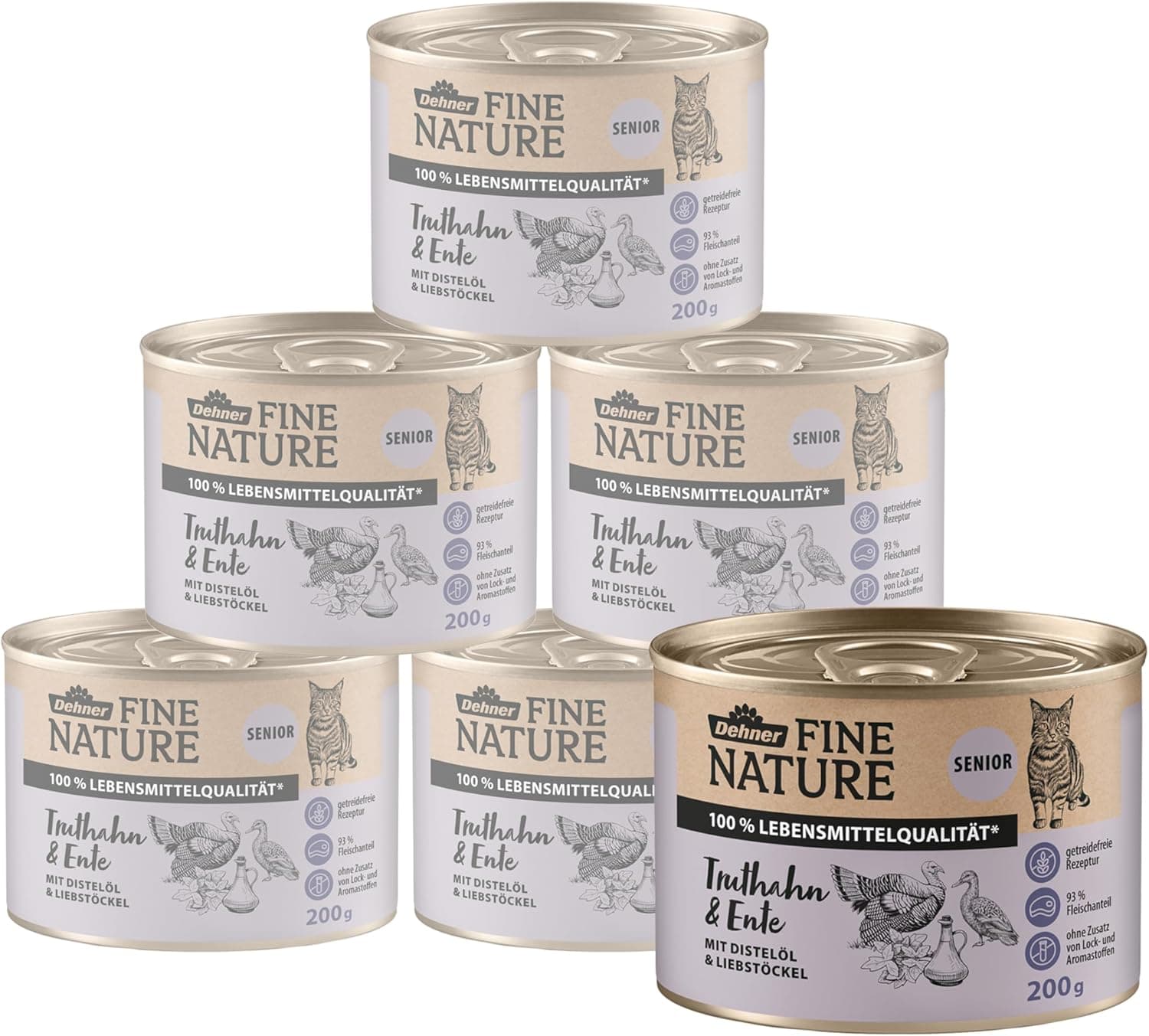 Dehner Fine Nature Gato forro sênior, qualidade alimentar, peru e pato, 6 x 200 g (1200 g)