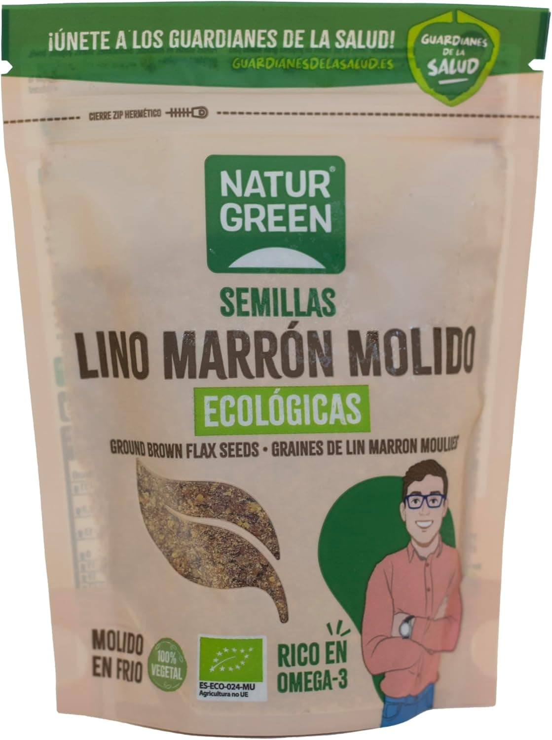 NaturGreen - Sementes de linho castanho moído bio, moída a frio, sem glúten, 100% vegetais, ecológicas, rico em ômega 3 e fibra, fonte de proteínas, sem adição de açúcares, 150 g
