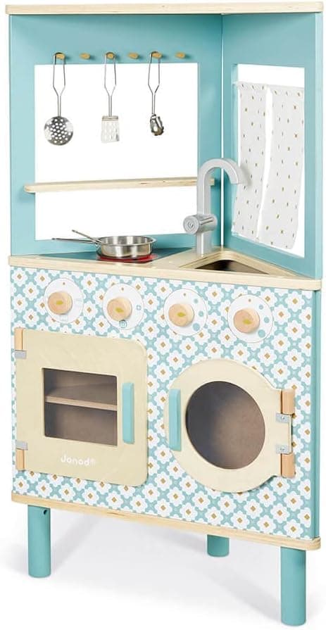 Janod J06546 | Cozinha de madeira compacta com 3 faces e 5 utensílios para crianças