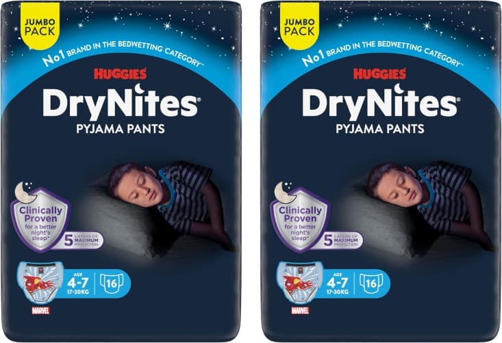 DryNites DryNites Boys 4-7 | Cuecas absorventes noturnas para crianças 4-7 anos com 5 camadas de proteção, 16 unidades x 2