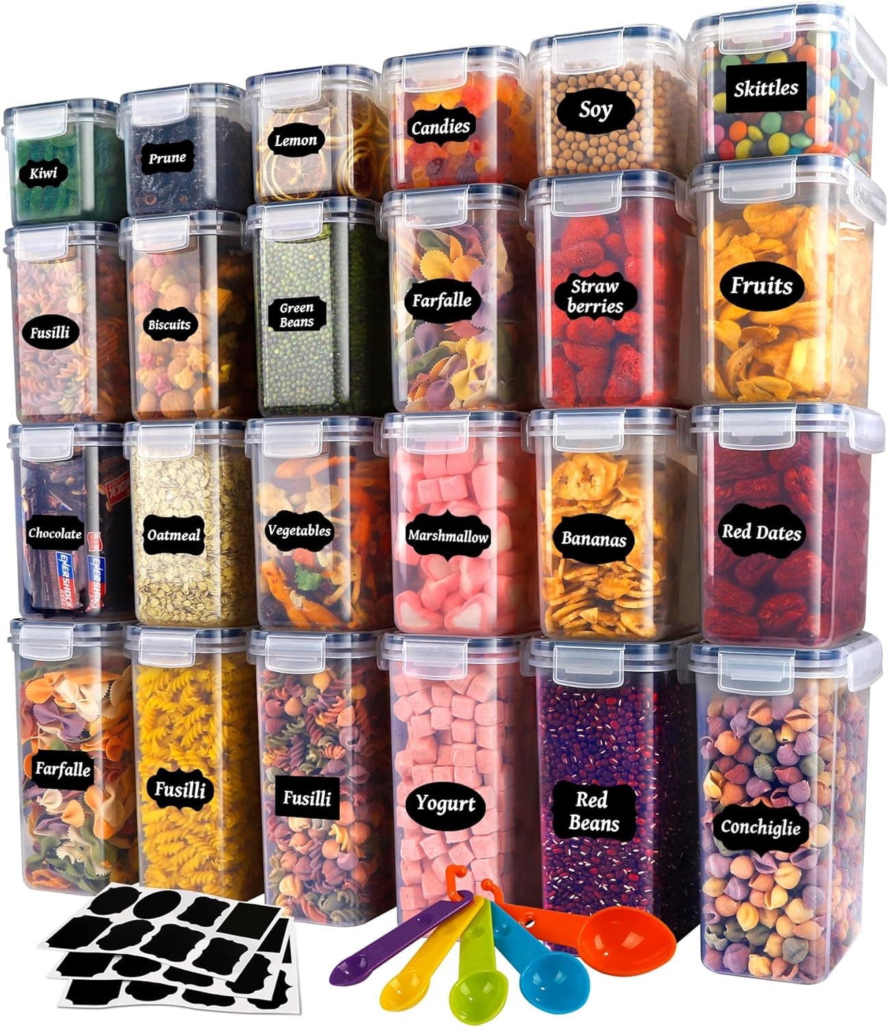 YOCOLE Conjunto de 24 frascos de armazenamento com tampa, herméticos de plástico, para cereais (2 L, 1,4 L, 0,8 L)