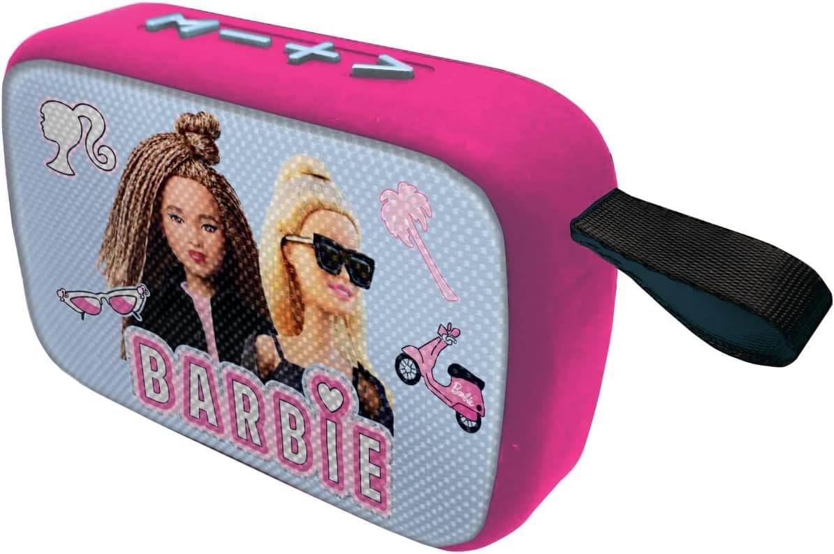 Lexibook Mattel Barbie - Coluna de Som Bluetooth portátil, sem fio, USB-C, cartão SD/TF, bateria recarregável, azul/rosa (BT018BB)
