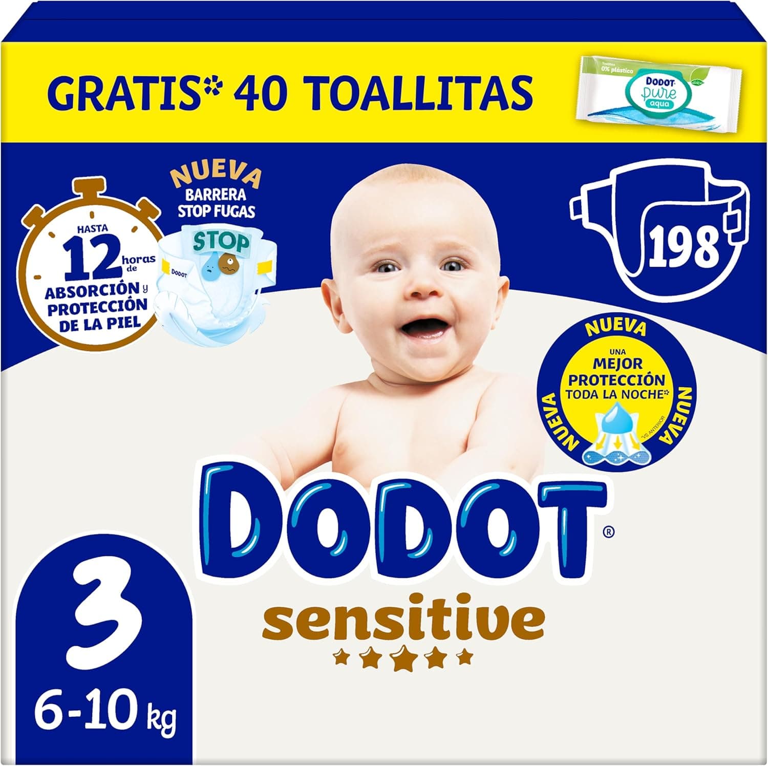 Dodot Fraldas de bebé sensível, tamanho 3 (6 - 10 kg), 198 fraldas 1 embalagem de 40 toalhas de Aqua Plastic Free, número 1 em proteção da pele de Dodot, pack mensal
