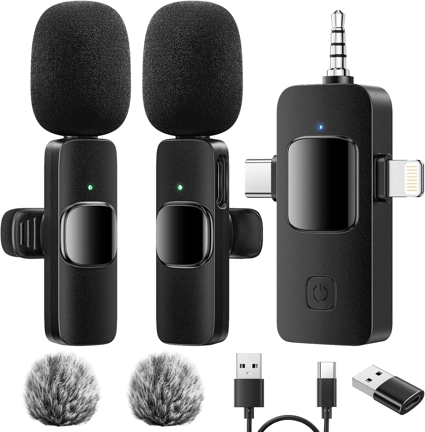 GlasFlength Microfone sem fios para iPhone Android câmara PC, 4 em 1 mini microfone sem fios lapela Plug&Play portátil Wireless microfone redução de ruído para gravação de vídeo TIK Tok