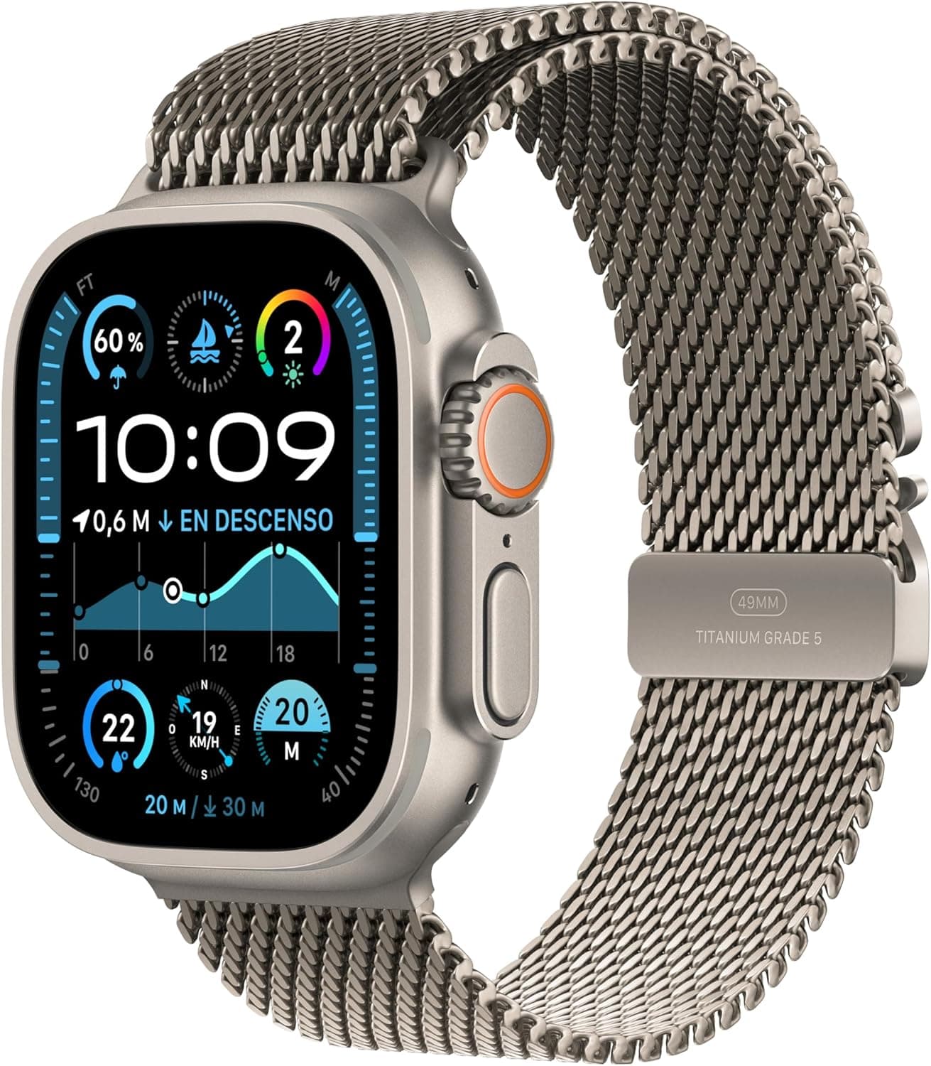 pple Watch Ultra 2 GPS Cellular Smartwatch, relógio desportivo com caixa de titânio natural resistente 49 mm e pulseira Milanese Loop em titânio natural - tamanho M