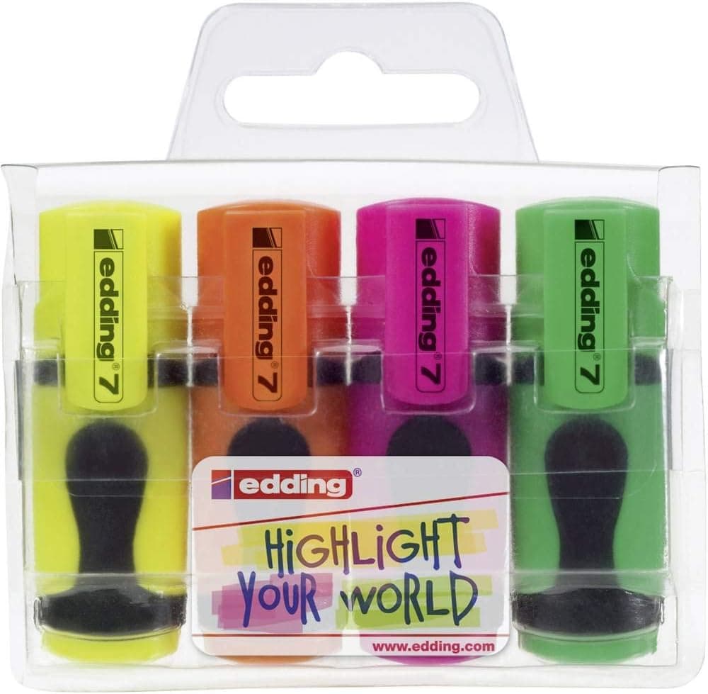 edding 7 minimarcador fluorescente - cores néon - conjunto de 4 marcadores fluorescentes - ponta chanfrada de 1 a 3 mm - em cores modernas - para bullet journal, escola, faculdade, escritório