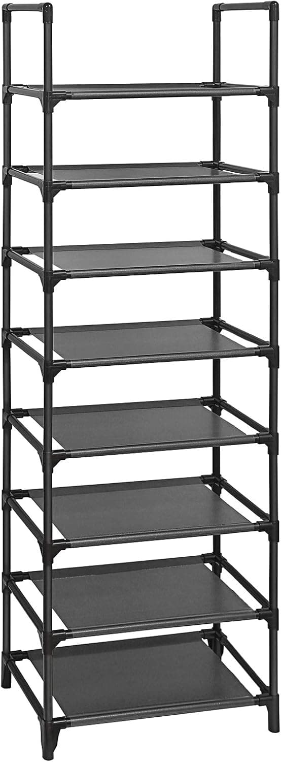 SONGMICS Sapateira, organizador de sapatos, 8 saias, sapato aberto estreito, 28 x 46 x 145 cm, moldura de metal, prateleiras de tecido não tecido, para corredor, quarto, preto LSR24BK