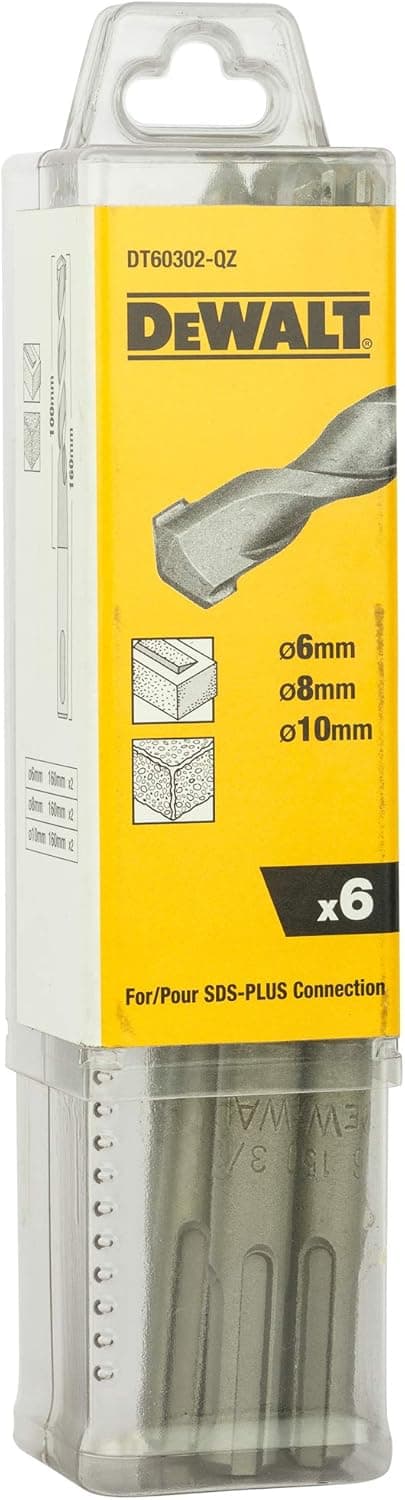 DEWALT DT60302-QZ Conjunto de 6 brocas SDS-PLUS, brocas Ø 6 mm x 2, Ø 8 mm x 2, Ø 10 mm x 2, perfuração em concreto, brocas SDS-PLUS para martelos perfuradores