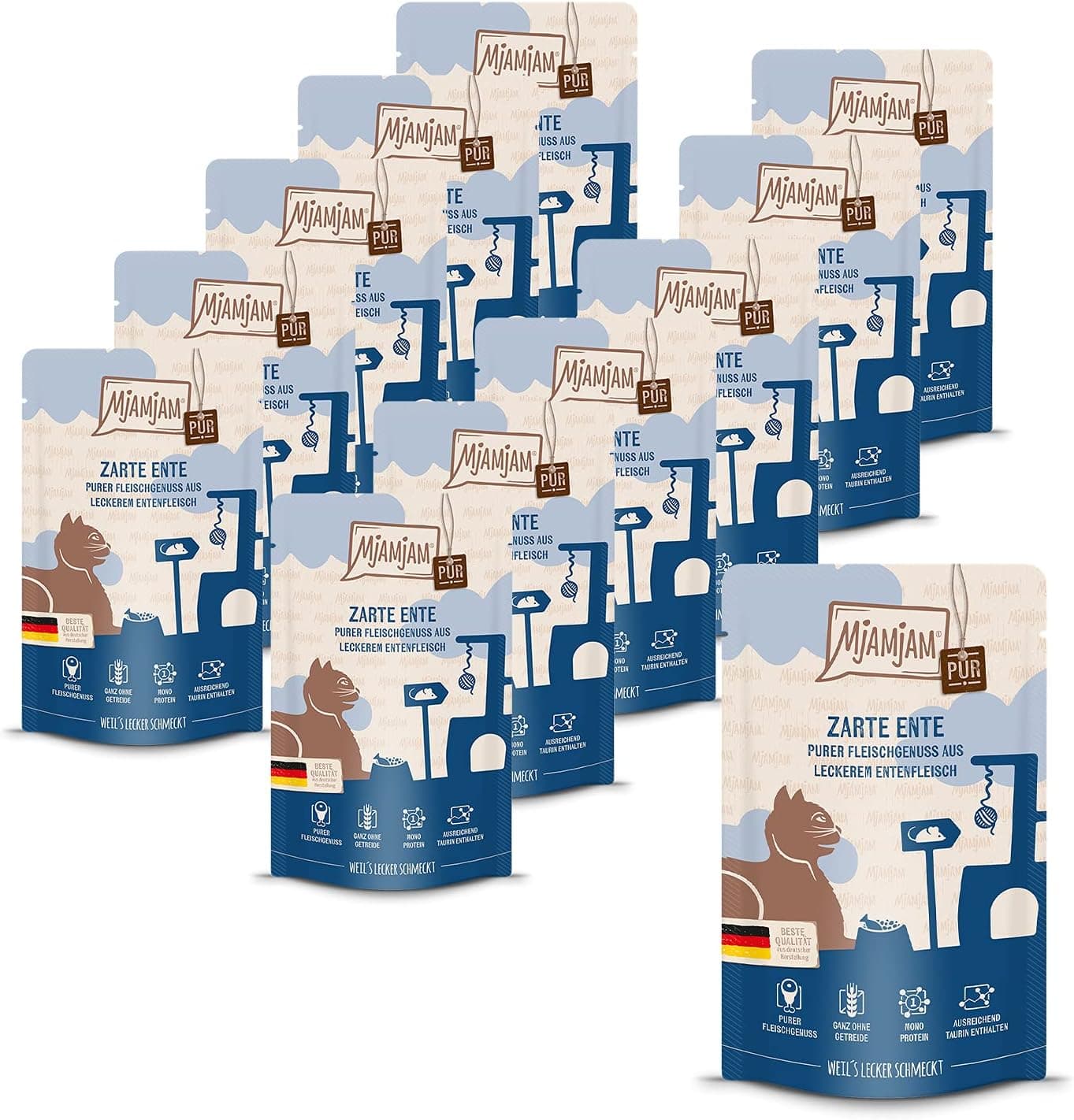 MjAMjAM - comida húmida premium para gatos - Quetschie - pure meat enjoy - pure de pato macio, pack de 12 (12 x 125 g), sem cereais com extra de carne