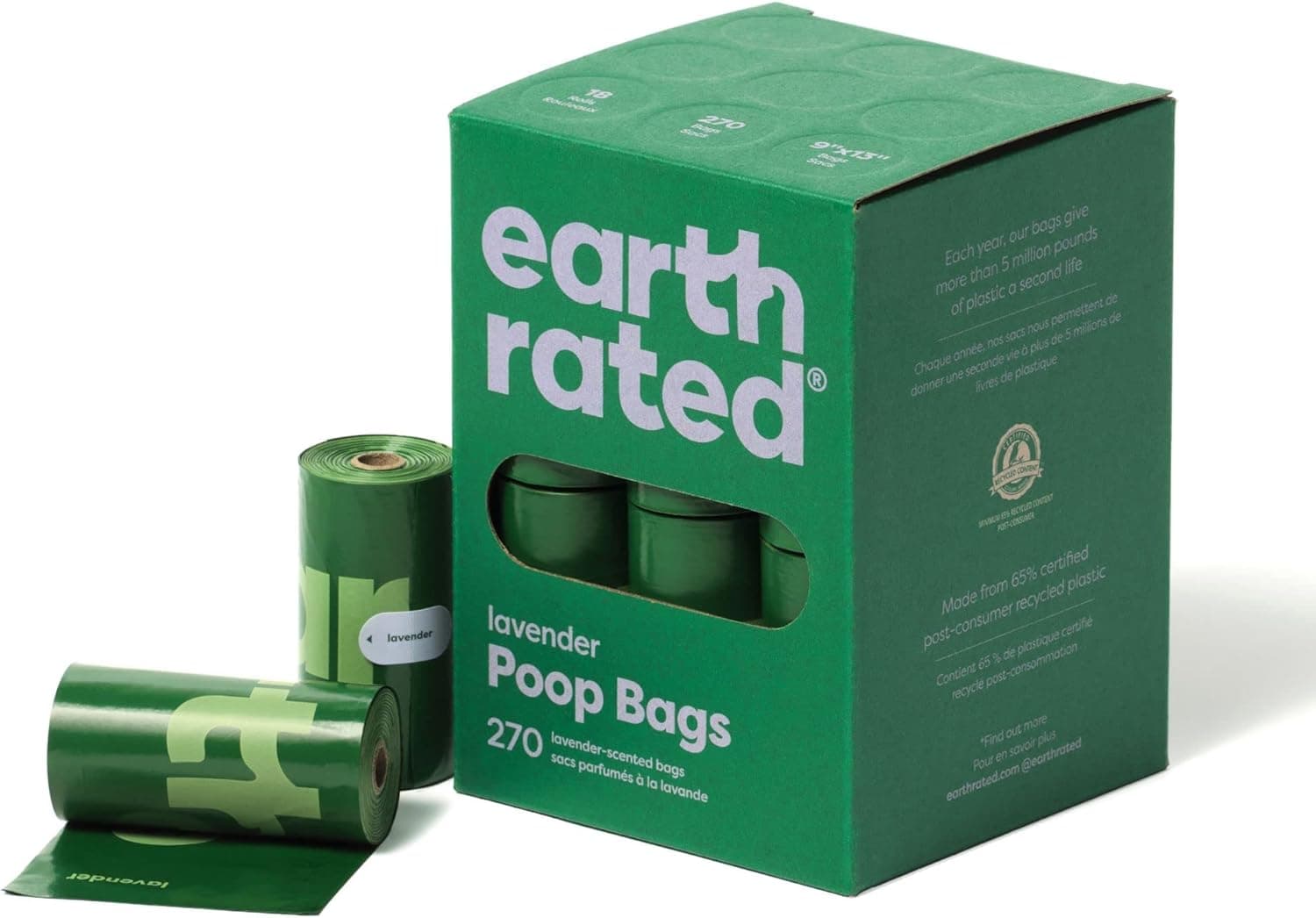 Earth Rated Sacos para fezes de cães, para animais de estimação à prova de fugas e extra grossos, adequados para cães de qualquer tamanho, rolos de recarga, aroma de lavanda, 270 unidades
