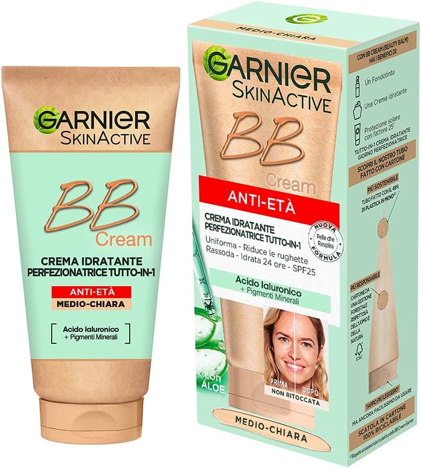 Garnier BB Cream anti-envelhecimento SkinActive, para pele uniforme e rugas reduzidas, aspeto natural, enriquecido com ácido hialurónico , aloé vera e pigmentos minerais, SPF 25, tom médio claro