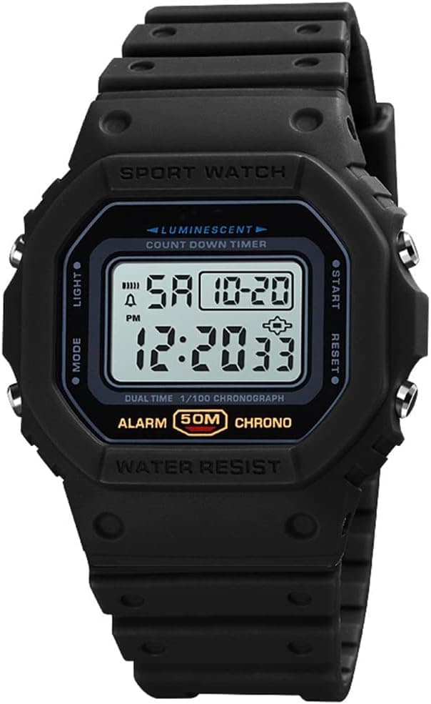 Relógio digital de quartzo para homem, resistente a choques, unissexo, submersível até 50 m, desportivo, para exterior, visão noturna, relógio eletrónico com correia de poliuretano, Preto e branco, Trelas