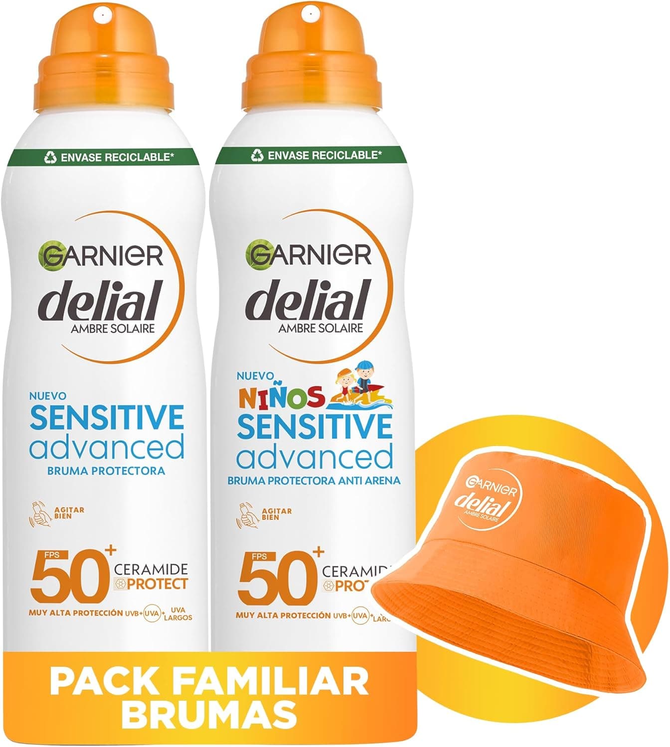 Garnier Delial | Pack de 2 brumas solares FPS 50+ para adulto e criança com gorro de oferta