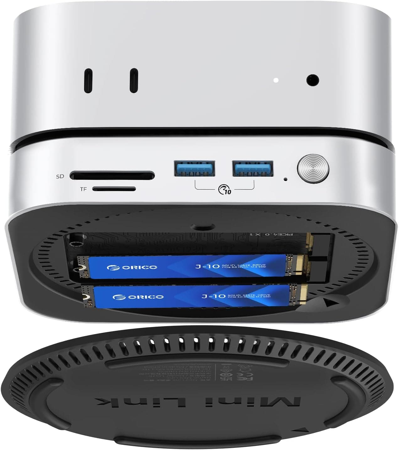 ORICO 40 Gbps MiniLink M47P compatível com Mac Mini M4, USB C Dock de alumínio com capa dupla SSD para M.2 NVMe, até 3000 MB/s, 3 USB 3.2
