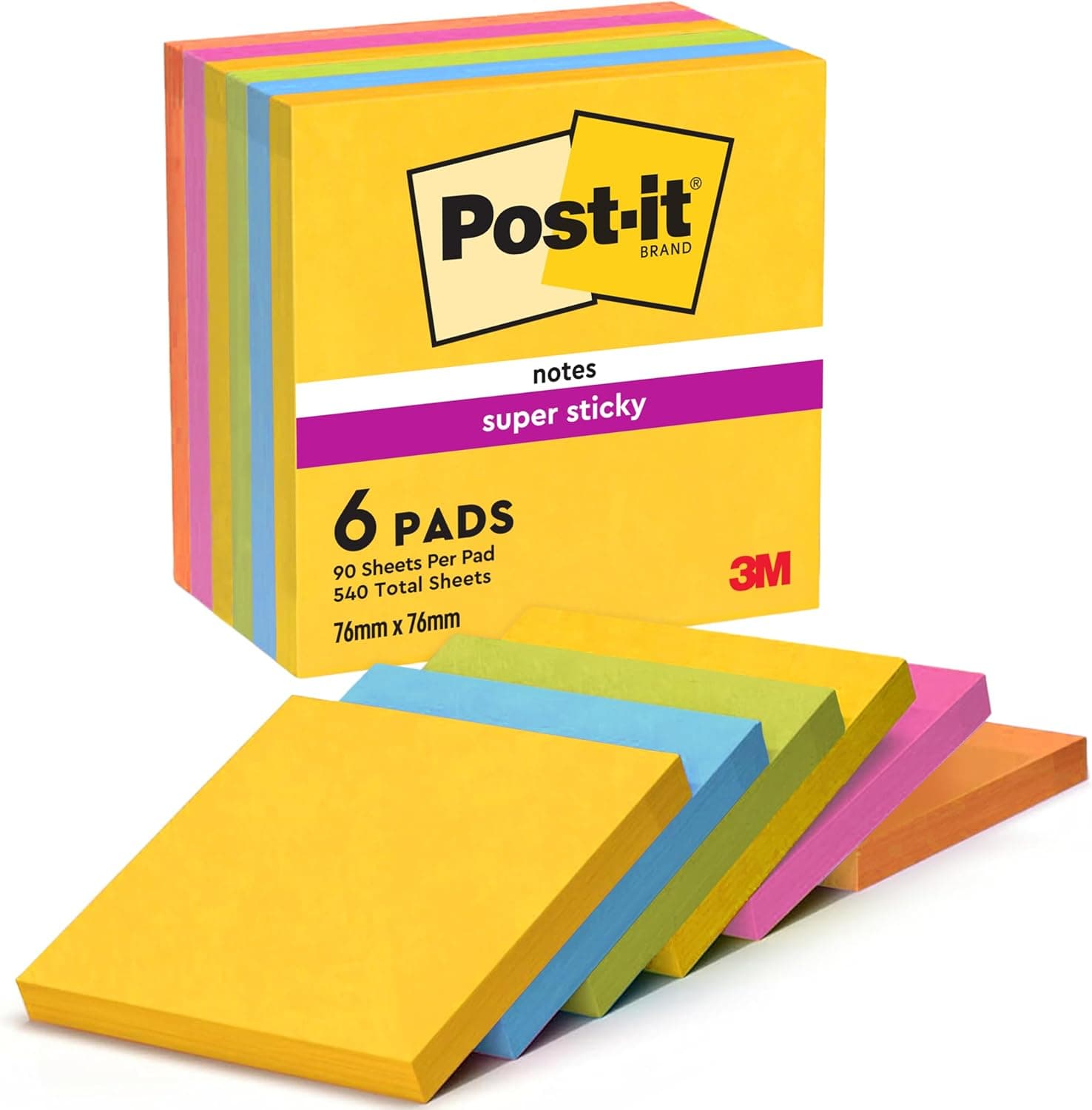 Post-It Notas Super Sticky Coleção Carnival, Pack de 6 Blocos de Notas, 90 Folhas por Bloco, 76 mm x 76 mm - Para Listas de Tarefas e Lembretes