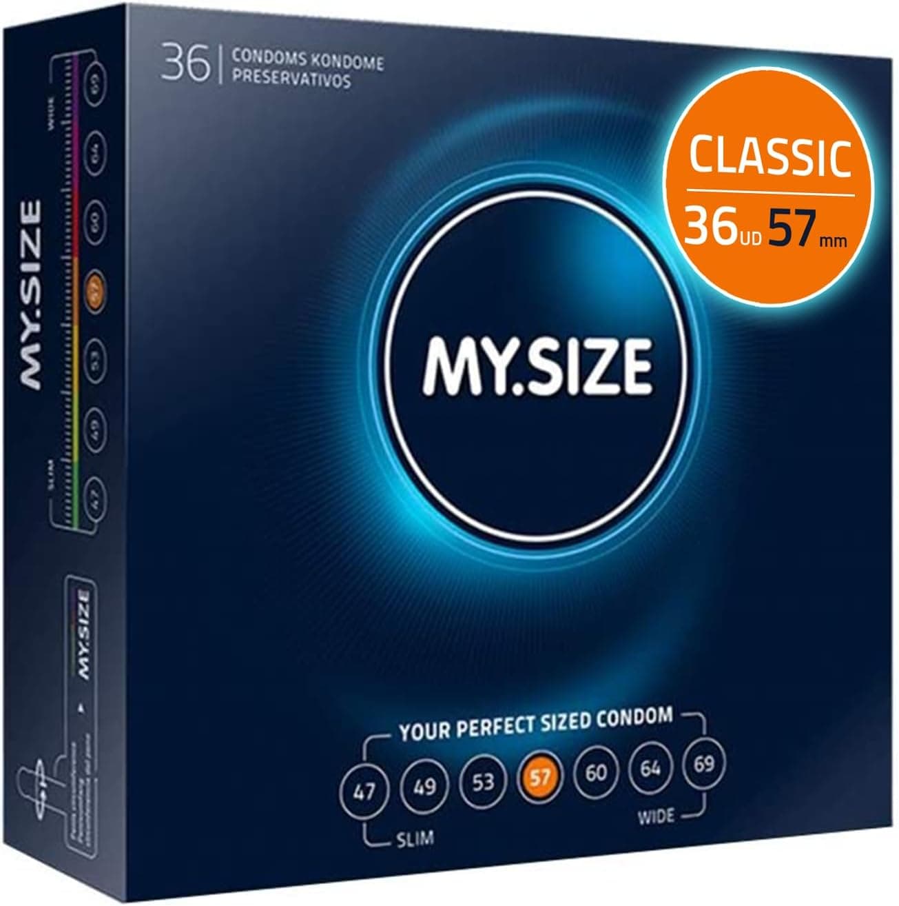 MY.SIZE Clássico preservativos tamanho 4 I largura 57 mm I pacote grande 36 unidades I reservativos premium extra finos I preservativos ultra sensíveis e delicados I espessura 0,07 mm I 36 preservativos